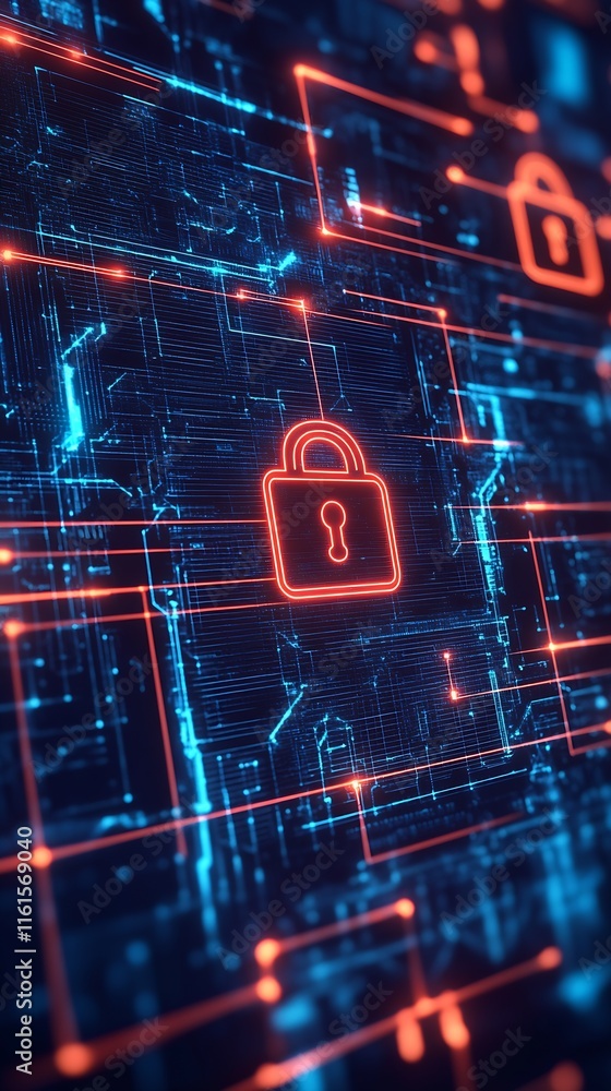 Leinwandbilder abstract digital security interface with neon red lock symbols : generative ai