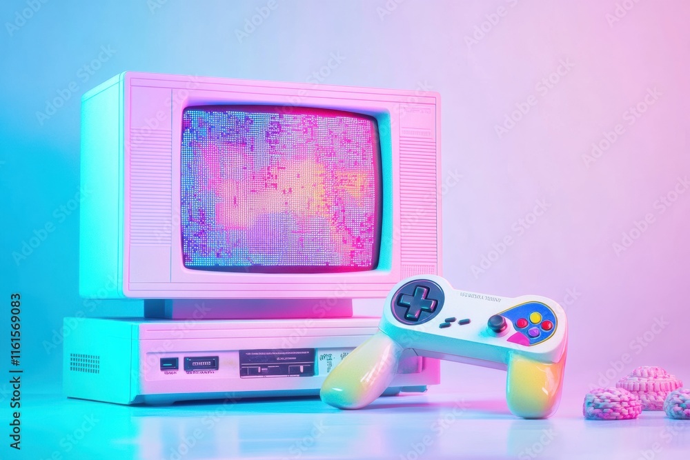 Aufkleber retro gaming console with pixelated display and colorful controller on a modern table setting. gener