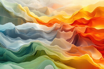 Fototapeta premium Abstract landscape of colorful, layered mountains creating a surreal and dreamy atmosphere.