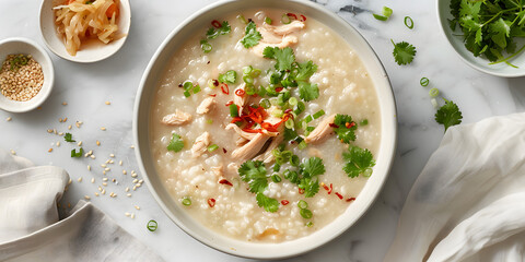 Hearty chicken rice porridge with soy sauce, pickled vegetables, cilantro, and scallion garnish