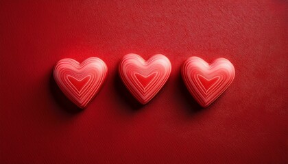 Three candy hearts on a textured red background, a sweet, minimal Valentine's image.