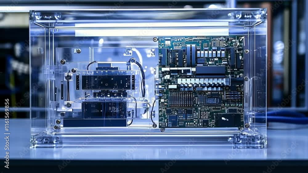 Poster a hightech control box with a transparent cover revealing an array of circuit boards and communicati