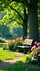 Obraz premium Serene park landscape with blooming flowers and a wooden bench, surrounded by lush greenery and towering trees , nature scenery, beautiful parks, flowers