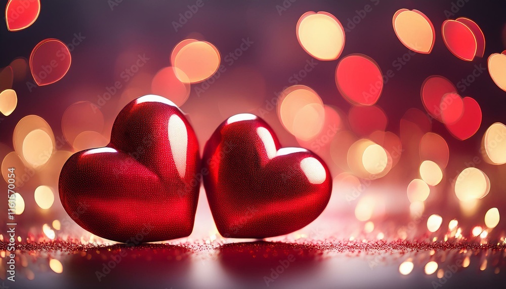 Poster two red, glossy heart-shaped objects in front of a blurred bokeh light background