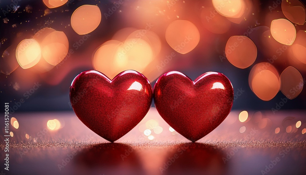 Poster two red, glossy heart-shaped objects in front of a blurred bokeh light background
