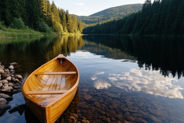 Naklejka premium A beautifully crafted wooden boat is anchored at the edge of a clear forest lake, surrounded by lush green trees, embodying the serenity and beauty of nature.