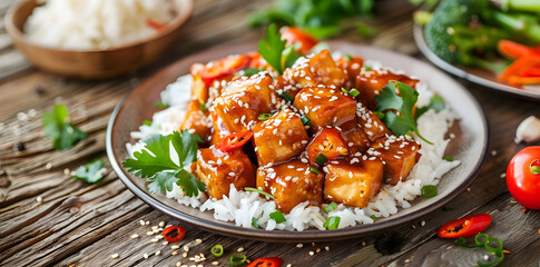 Tantalizing fried tofu with sweet and spicy sauce, garnished with chili, cilantro, and sesame seeds