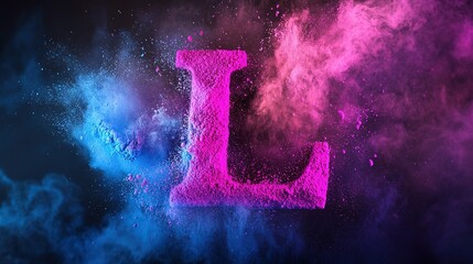 Pink letter L in vibrant blue and pink powder explosion.