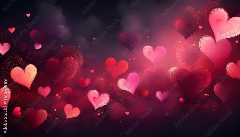 Poster a dark background with floating red and pink heart shapes and a smoky effect.