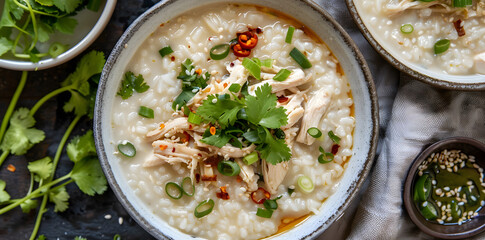 Warm bowl of chicken rice porridge with shredded chicken, fresh herbs, and sesame oil