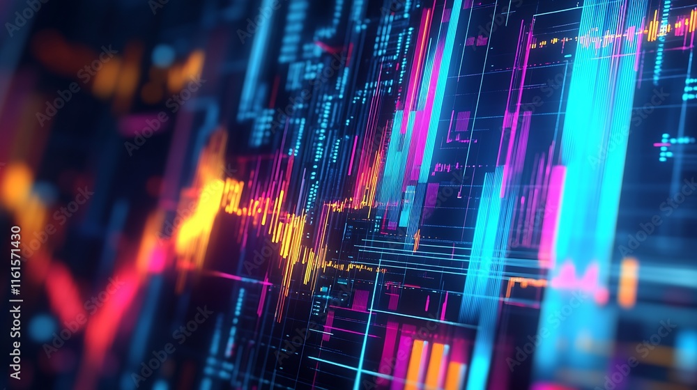 Poster Electric Financial Graphs and Dynamic Data Display in Neon Hues : Generative AI