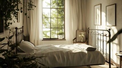 Sunlit bedroom with metal bed frame, plants, and large window.