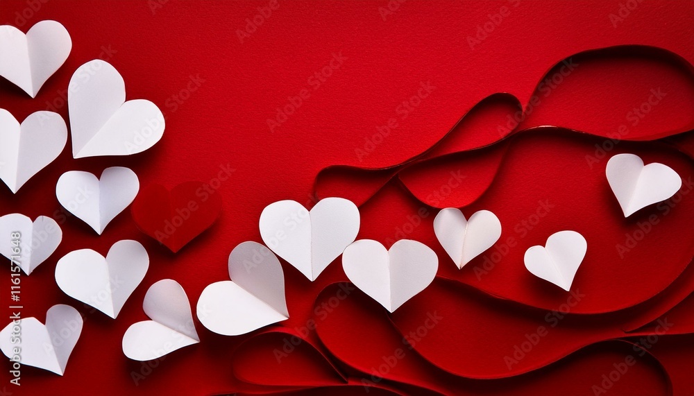 Poster a red background with white paper hearts arranged in a flowing pattern