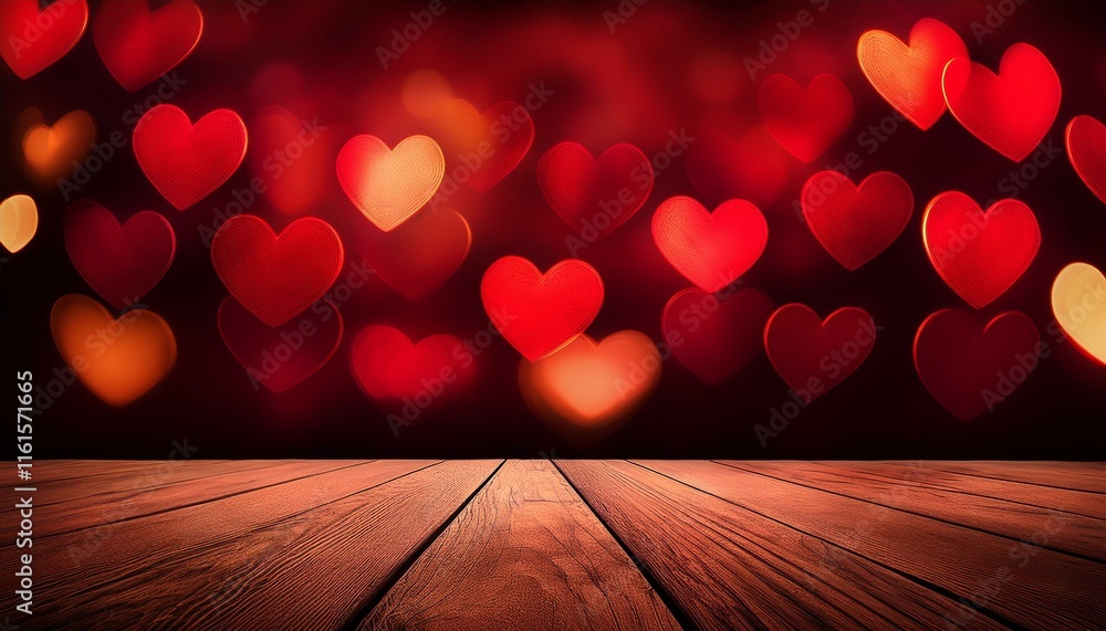 Poster a red bokeh background of heart shapes with a rustic wooden surface in the foreground