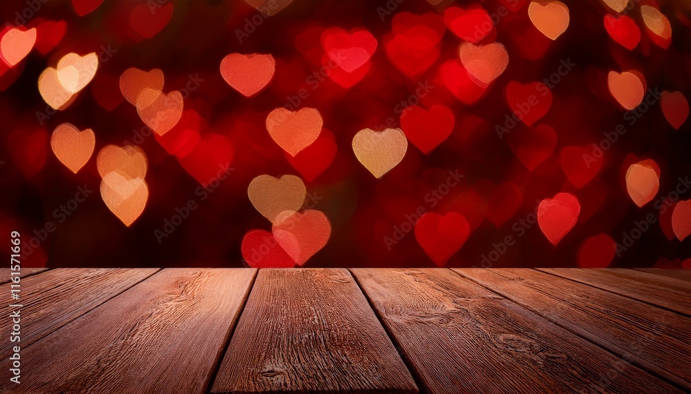 Poster a red bokeh background of heart shapes with a rustic wooden surface in the foreground