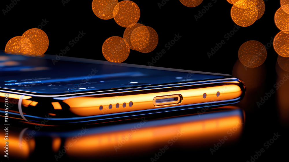 Poster close up of smartphone with glowing orange edge, showcasing sleek design and vibrant display. background features soft bokeh lights, enhancing