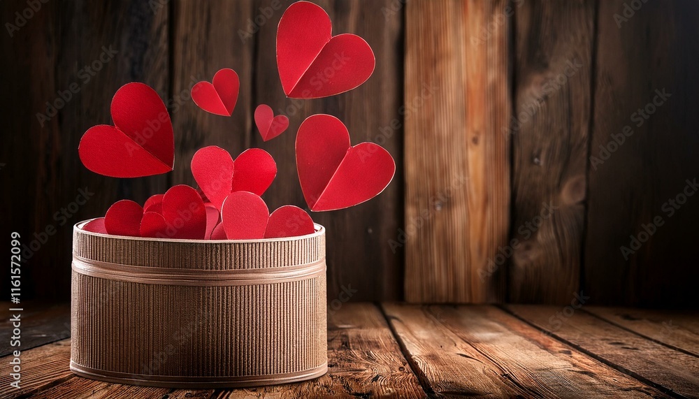 Poster a rustic wooden background with red heart cutouts appearing to float out of a container
