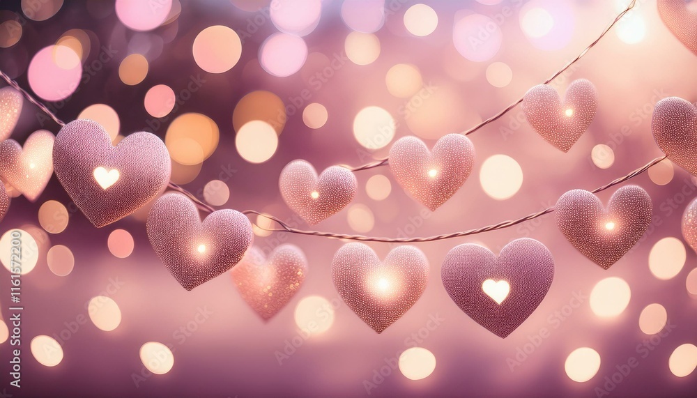 Poster a soft pink bokeh background with heart shapes and a string of delicate lights