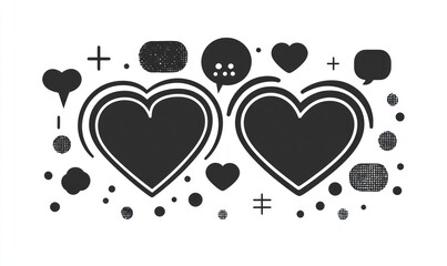 Two interconnected hearts with speech bubbles and abstract shapes.
