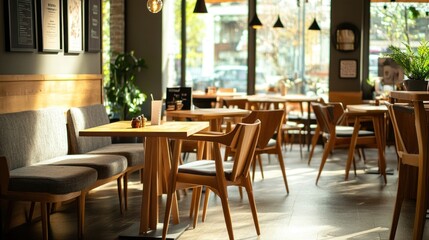 Sunlit cafe interior with wooden tables, chairs, and booths.