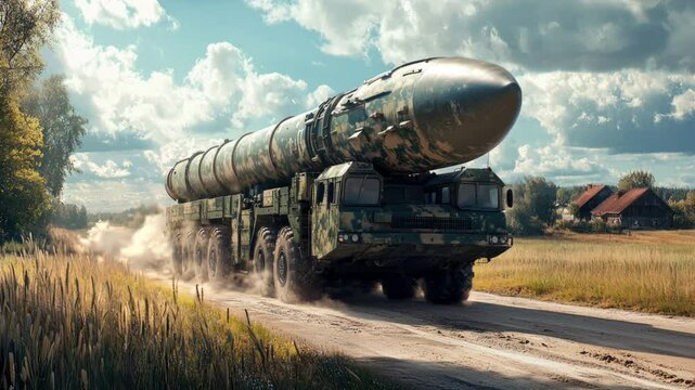 Military heavy missile transport on rural road under cloudy sky, ballistic rocket truck drives in countryside. Concept of atomic war, warfare, vehicle. 