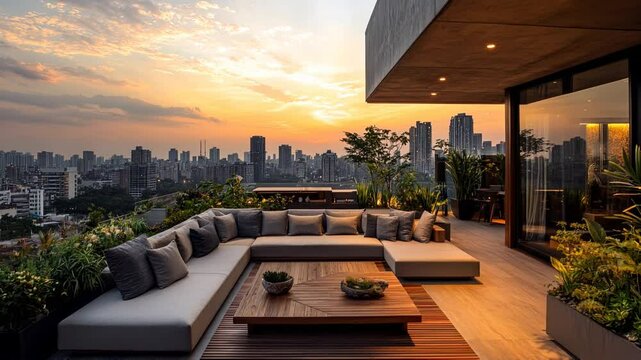 Modern outdoor terrace on tall building with city skyline at sunset and comfortable seating area with greenery. Concept of luxury rooftop, garden, skyscrapers, patio. 