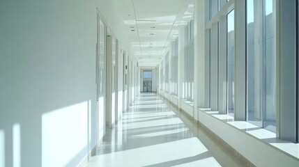 Obraz premium Sunlit corridor with bright walls and large windows.