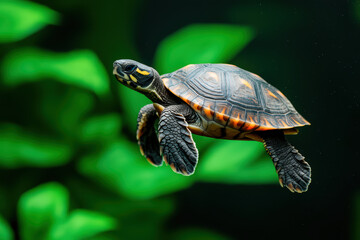 tiny turtle swimming gracefully through clear water, surrounded by lush green plants, showcases its vibrant shell and serene movement