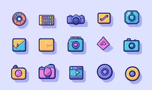 Colorful camera and photography icons set.