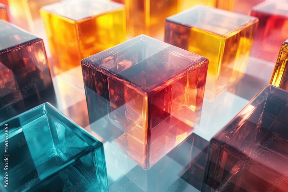 Poster colorful glass cubes arranged in a grid pattern reflecting light, creating a vibrant and abstract im