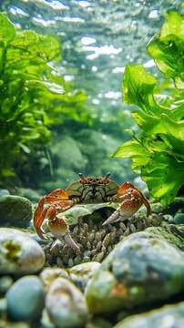 Red crab on rocks under water near green plants.
