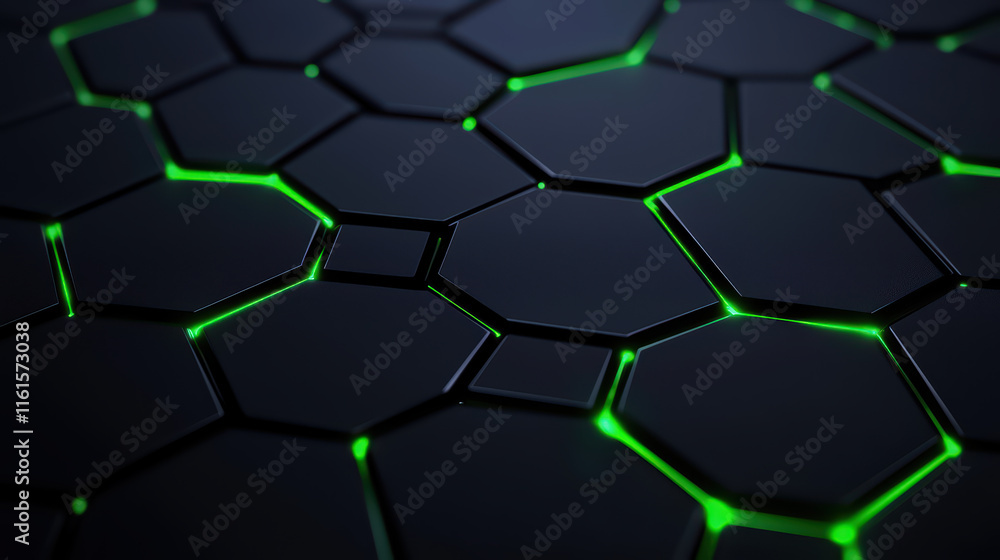 Aufkleber close up view of hexagonal pattern with glowing green edges, creating modern and futuristic look