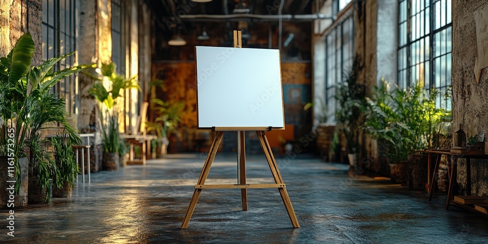 Poster Spacious art studio features empty canvas on easel with natural light and greenery