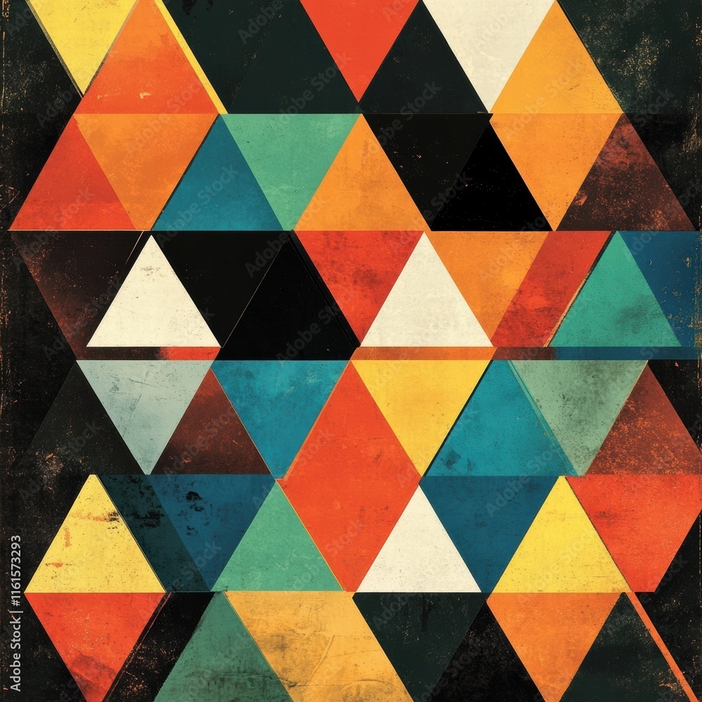 Poster mosaic inspired pattern created with colorful triangles in vibrant hues showcasing geometric design.