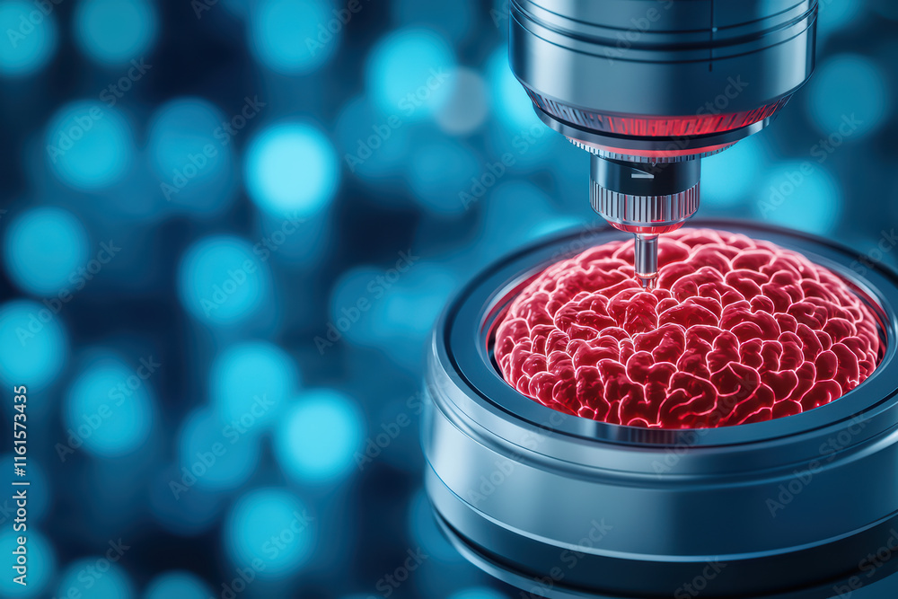 Poster close up view of futuristic device analyzing vibrant red brain model, showcasing advanced technology