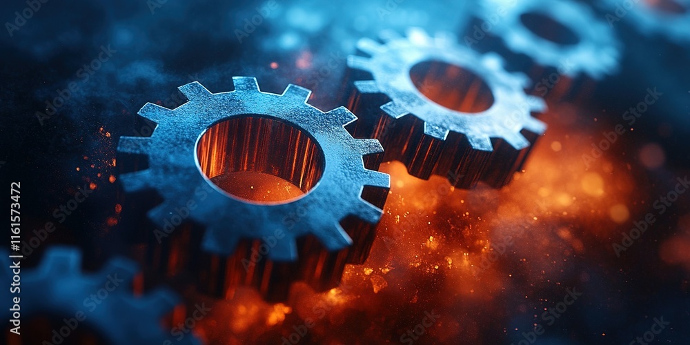 Poster cogs and gears create a mechanical ambiance in a vibrant industrial setting with glowing elements