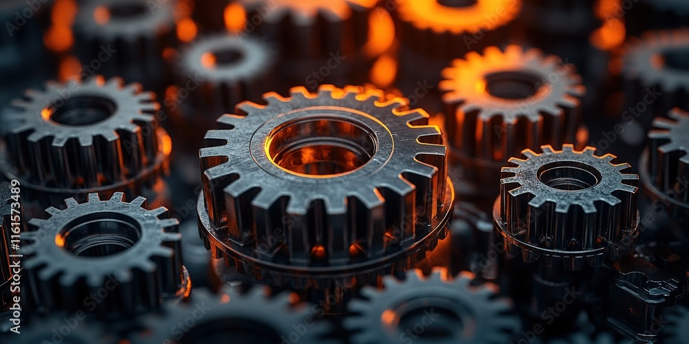 Poster intricate arrangement of metal gears showcasing engineering design and functionality in a close-up v
