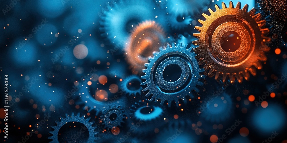 Poster gears interlocking amidst blue and orange sparkles in a dynamic mechanical setting