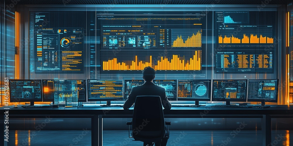 Poster data analyst reviewing visual dashboards in a modern office environment with multiple screens displa