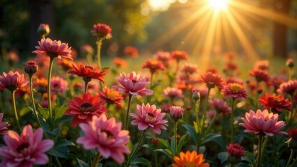 field of wildflowers in the rays of the setting sun,  romantic floral background