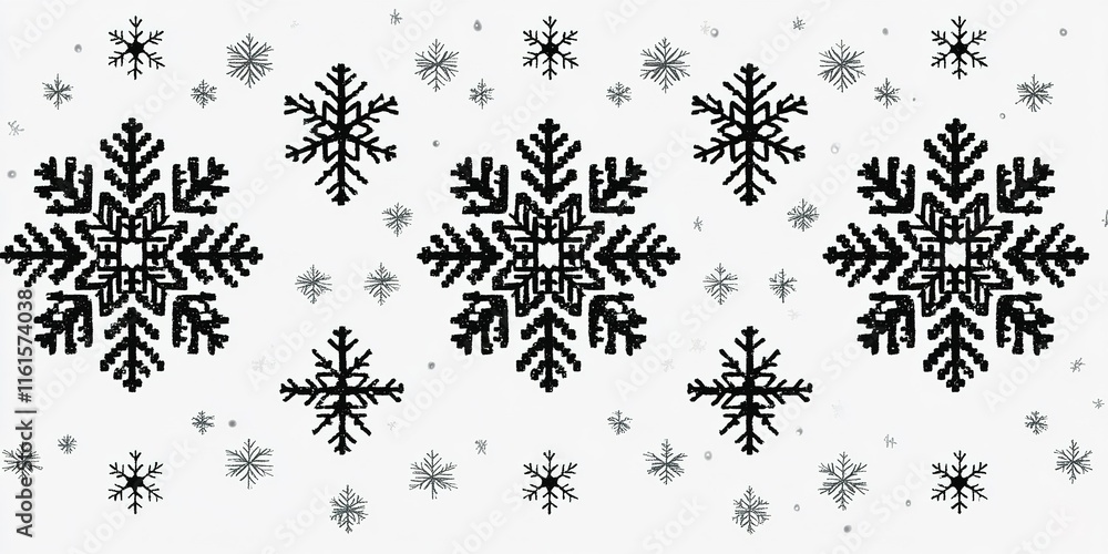 Poster winter patterns featuring intricate black snowflakes on a white background create a festive atmosphe