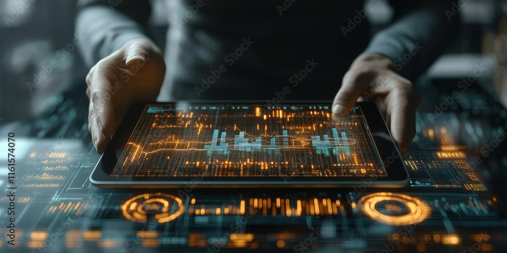 Aufkleber innovative technology showcased with hands managing data on a sleek tablet in a modern workspace set