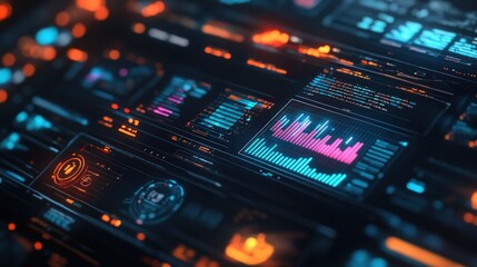 Fototapeta premium Global analytics dashboard featuring heatmaps and bar graphs, modern and clean UI, cyberpunk aesthetics