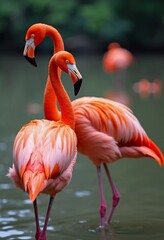 Fototapeta premium Flamingos gather in a tranquil pond, their orange feathers reflecting in water. They interact playfully, creating a stunning display of nature. Flamingo Phoenicopterus is genus of birds. Generative AI