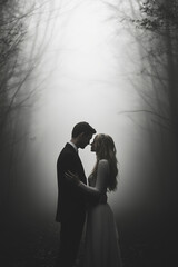 Black-and-white portrait of an elegant young couple in a misty forest.