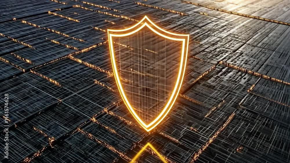 Poster glowing shield technology digital protection and security on network grid background