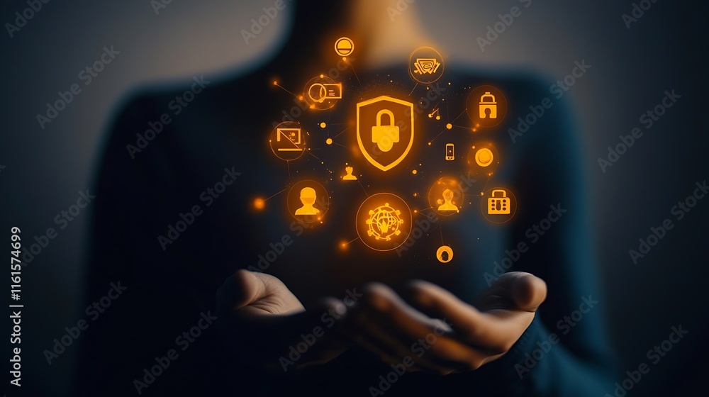 Aufkleber Cybersecurity protection concept with shield icon and digital network in hands : Generative AI