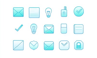 Collection of outlined gradient icons on white.