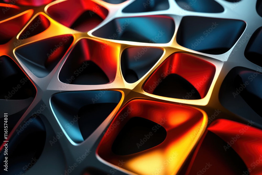 Poster abstract metallic structure with vibrant orange and blue hues, showcasing intricate geometric patter