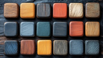 Fototapeta premium Colorful Assortment of Wooden Tiles on Dark Background Showcasing Various Textures and Finishes for Creative Applications in Design, Crafting, and Home Decor